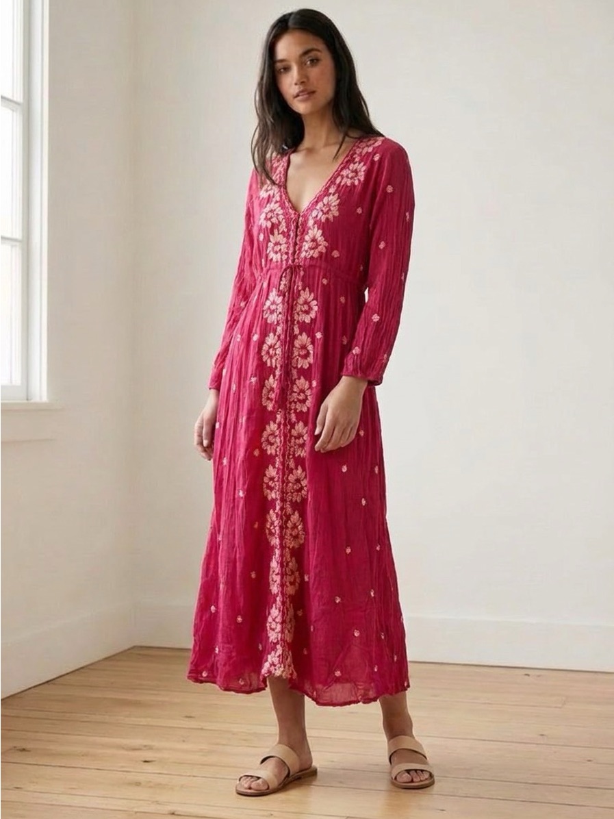 Free People Raspberry Floral Embroidered V-Neck Maxi Dress